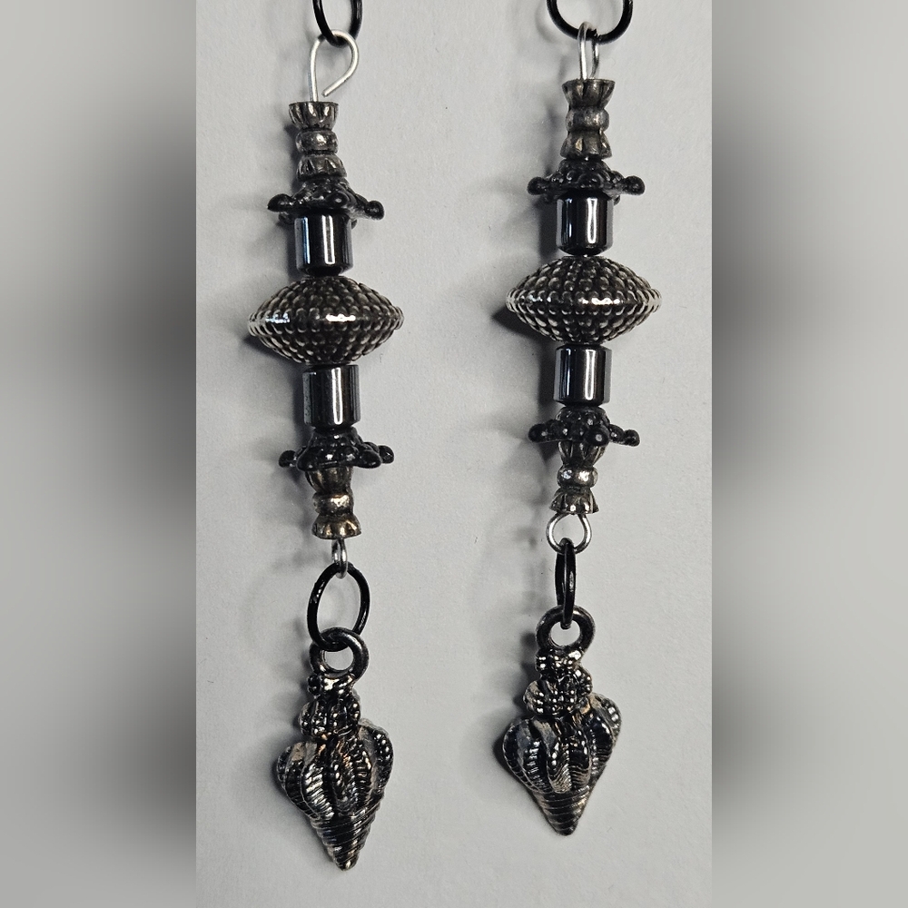 Handmade Upcycled Black Beaded Dangle Earrings Gothic Boho Artisan